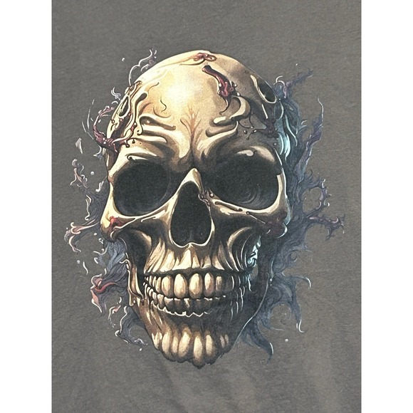 Skull Graphic Shirt Mens XL Brown Short Sleeve Smiling Halloween Liquid Metal - Picture 2 of 6